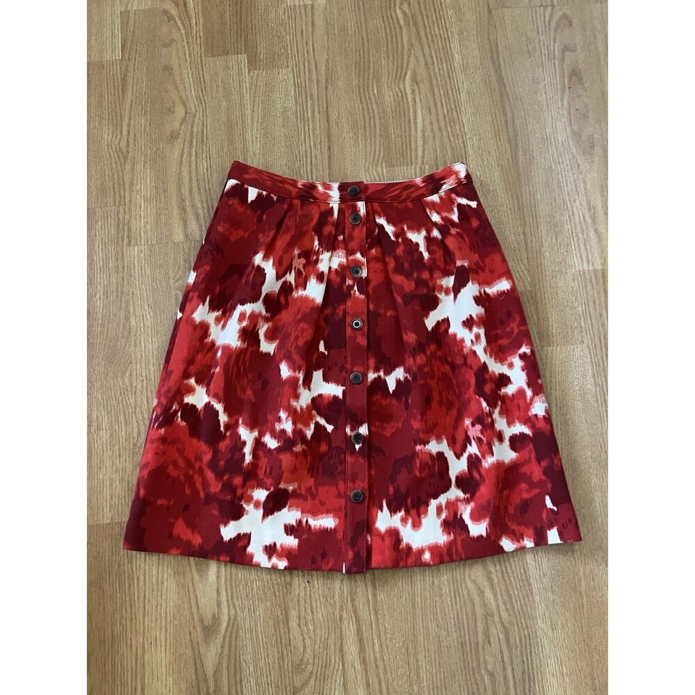 NWT J Crew Red Floral Watercolor Button Down Pleated Knee Length Skirt Size 6